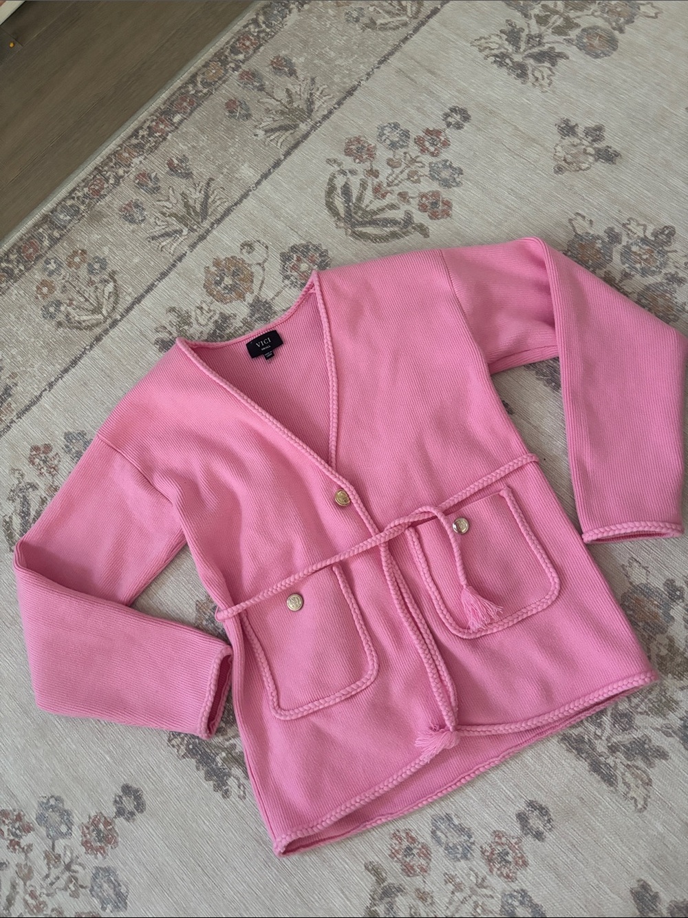 VICI Girls Pink Knit Cardigan with Tassel Waist Tie